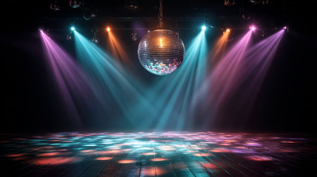 Disco Lights and Mirror Ball. A dazzling disco scene with a mirror ball and colorful lightsの素材