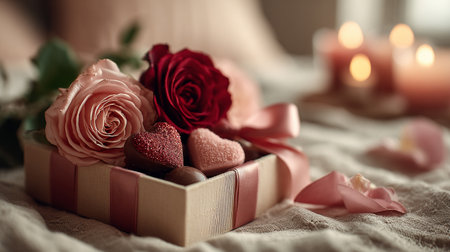 Romantic Gift Arrangement. A romantic gift box with roses and heart-shaped chocolatesの素材