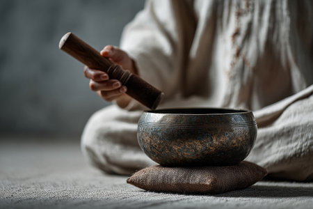Peaceful Meditation Moment. A calm scene featuring a hand holding a mallet above a singing bowlの素材