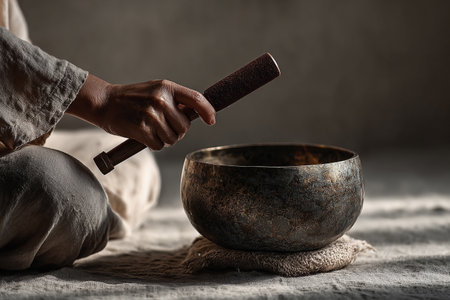 Peaceful Meditation Moment. A calm scene featuring a hand holding a mallet above a singing bowlの素材