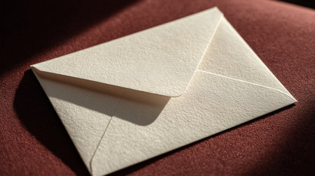 Elegant Envelope. A textured cream envelope on a soft red fabric, bathed in warm sunlight.の素材