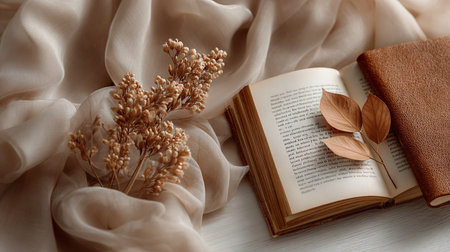 Cozy Reading Scene. Aesthetic setup with an open book, dried flowersの素材
