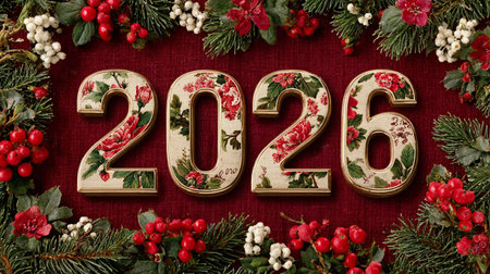 Festive 2026. A decorative 2026 surrounded by Christmas foliage on a red background.の素材