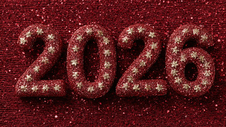 Sparkling 2026. Glittery red numbers display 2026 with starry accents, creating a festive atmosphere.の素材