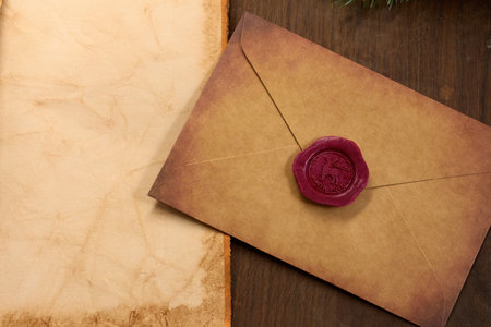 Vintage Letter and Envelope. Weathered paper and sealed envelope with a wax stampの写真素材