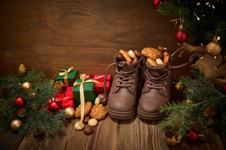 St. Nicholas Holiday Boots. Brown boots filled with cookies and nutsの写真素材