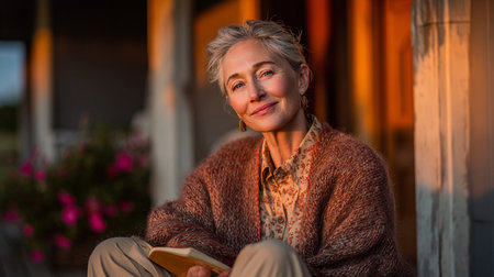 Reflective Evening. A serene portrait of a woman basking in golden sunset light,の素材