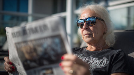 Relaxed Reading Outdoors. Elderly woman reading a newspaperの素材