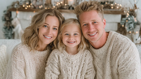 Cozy Family Portrait. A happy family posing in matching sweaters in a warmly decorated room with holiday lights.の素材