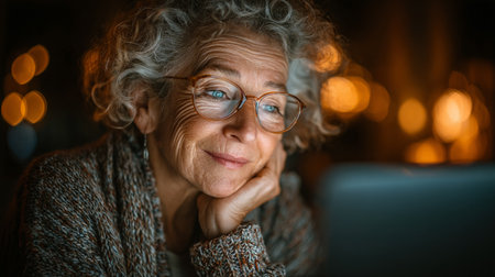 Contemplative Evening. Elderly woman with glasses gazes at a screenの素材