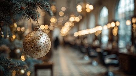 Festive Ornament. Close-up of a gold ornament on a Christmas tree with blurred festive interiorの素材