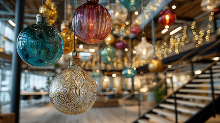 Festive Ornaments Display. Colorful glass ornaments hanging in a spacious, modern settingの素材