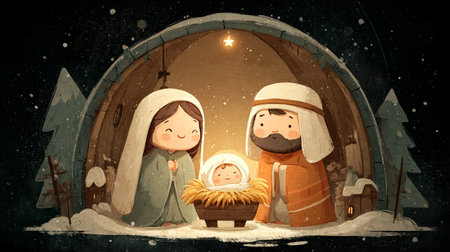 Nativity Scene Illustration. A charming, cozy nativity scene with a warm paletteの素材