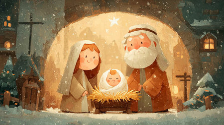 Nativity Scene Illustration. A charming, cozy nativity scene with a warm paletteの素材