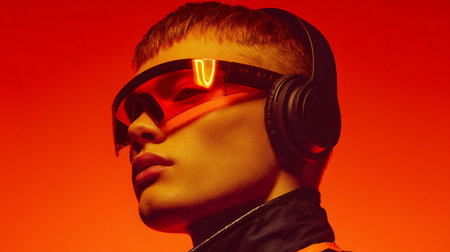Young man wearing futuristic visor and over-ear headphonesの素材