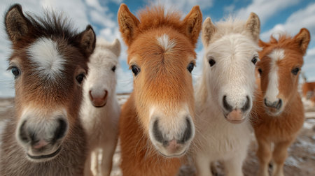 Five curious fuzzy ponies looking directly at cameraの素材