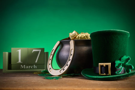 St. Patricks day celebration with leprechaun hat and pot of gold
