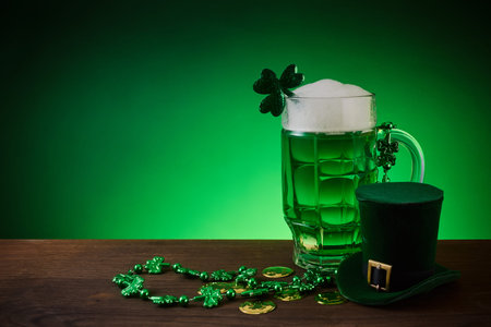 St. Patricks day green beer celebration with shamrock and hat