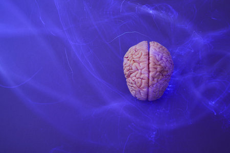 Brain model generating neural impulses on blue background