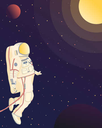 An astronaut in the open among the stars and planets looks at the sun.のイラスト素材