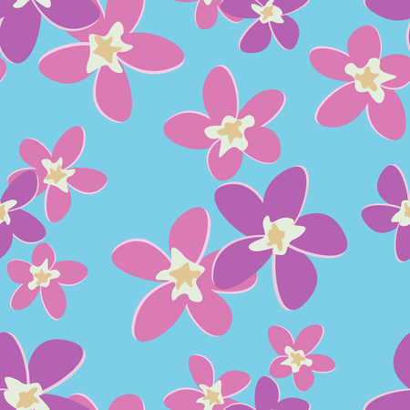 Vector flat seamless pattern of pink flowers on a blue background.