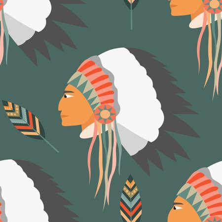 Vector seamless pattern with a profile of an Indian in a headdress and feathers.のイラスト素材