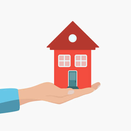 Vector flat image of a hand holding a house in the palm of your hand.のイラスト素材