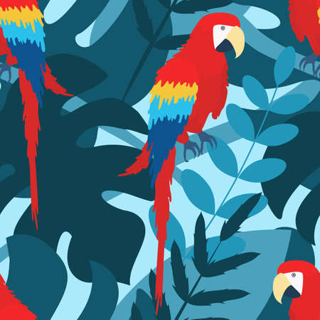 Vector seamless pattern with the image of a red macaw on a branch in bright colors on a blue background among tropical plants.のイラスト素材