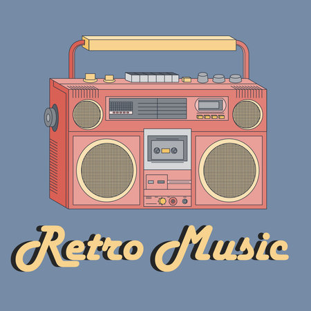 Vector flat illustration of a multi-colored retro tape recorder on a blue background with text.のイラスト素材