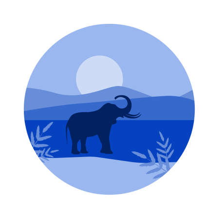 Vector image of an elephant silhouette against the background of mountains and the sun in blue shades, in a circle.のイラスト素材