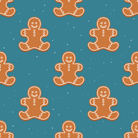 Vector seamless Christmas and new year pattern with gingerbread man and snowflakes on a dark background.のイラスト素材