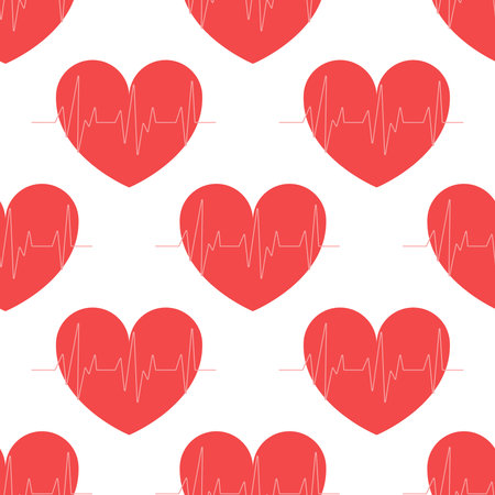 Vector seamless pattern of a heart on a white background, cardiogram, heartbeat.
