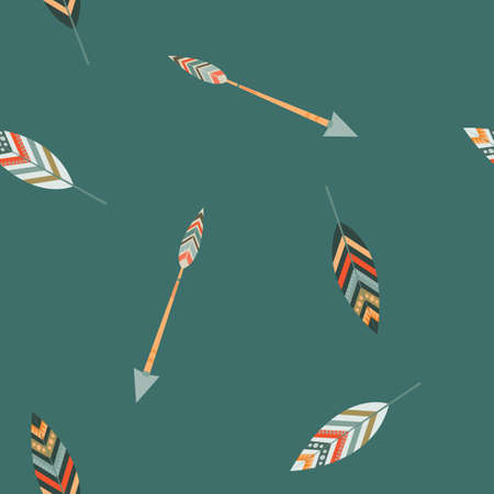 Vector seamless pattern of multicolored feathers and arrows in Indian style on a dark background.のイラスト素材