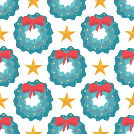 Seamless pattern of Christmas wreaths with red bow and stars on white background, vector flat style.のイラスト素材