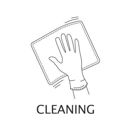 A hand in a rubber glove wipes the surface with a rag. Cleaning and disinfection, detergent. Linear style on a white background. Icon, logo.のイラスト素材