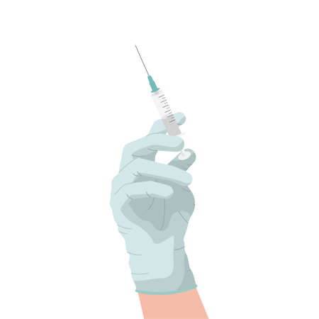 A hand in a rubber medical glove holds the syringe up. Vaccination, injection, medicine, antidote. Vector flat illustration on a white background.のイラスト素材