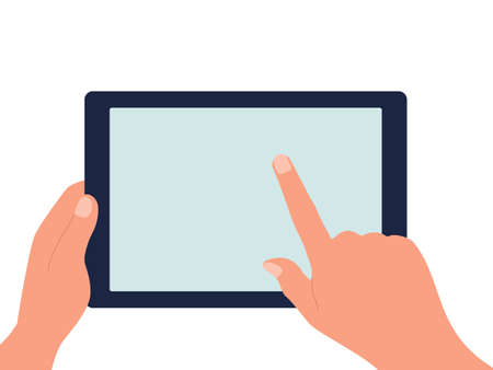 The tablet is in one hand and the other is pointing at the screen. Blank display. Vector flat illustration isolated on a white background.のイラスト素材