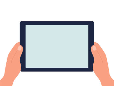 Hands holding a tablet with a blank screen on a white isolated background. Vector flat illustration.のイラスト素材