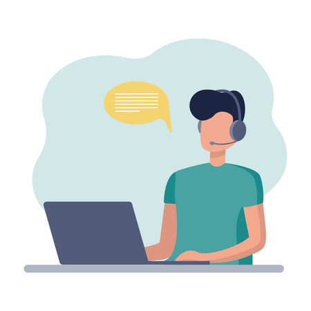Online assistant. The guy sits at the computer, communicates with clients through headphones and responds to messages. Working from home, training, and solving everyday problems with clients.のイラスト素材