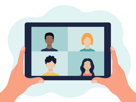 Tablet device in their hands. There are 4 people on the screen. Video conference, online...
