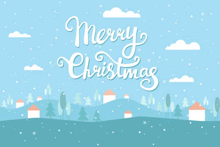 Christmas greeting card with winter landscape. Snow sky, houses, Christmas trees. Vector flat illustration.のイラスト素材