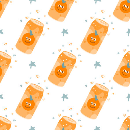 Orange carbonated drink in an aluminum metal can. Vector seamless pattern on a white background.のイラスト素材