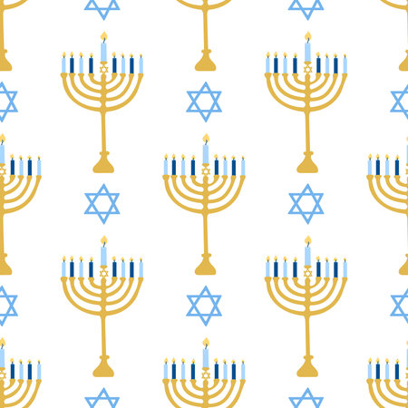 Happy Hanukkah, the Jewish festival of lights. Menorah candle holder with lighted candles. Vector seamless pattern on a white background, Wallpaper.のイラスト素材