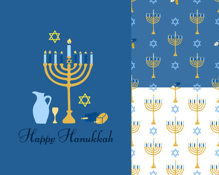 Happy Hanukkah set. A postcard and two seamless patterns. Vector image.のイラスト素材