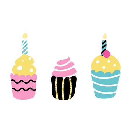 Bright colorful cakes with candles. Birthday, party. Vector flat image on a white background.