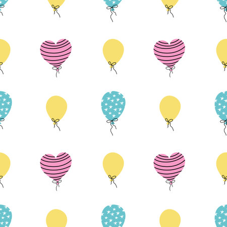Colorful balloons on a white background, holiday background, packaging, wallpaper. Vector seamless pattern.のイラスト素材