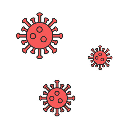 virus in a linear style in red on a white background. Vector image, iconのイラスト素材