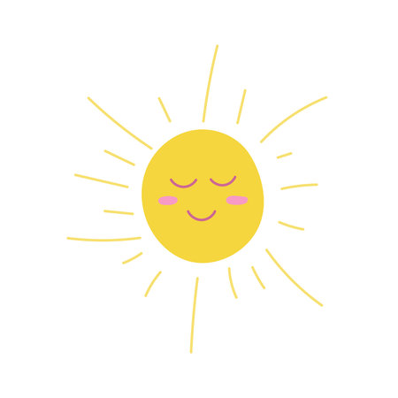 Yellow sun with closed eyes and a smile on a white background. Vector flat illustration in cartoon...
