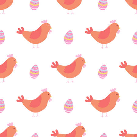 Cute chicken with an Easter egg on a white background. Vector seamless pattern in flat style.のイラスト素材