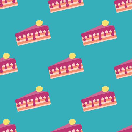 A piece of cake with pink cream and berries on a green background. Vector seamless pattern.のイラスト素材